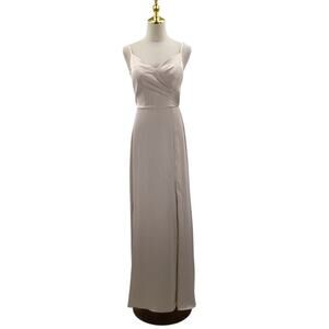 AW BRIDAL 2 XS Champagne cream satin party bridesmaid prom maxi dress NEW B110